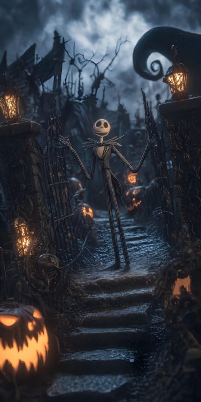 a halloween scene with jack skellingy and pumpkins Halloween From Hollywood Movies Spooky Background Images, Iphone Jack Skellington, Halloween Iphone Nightmare Before Christmas, dark slate gray