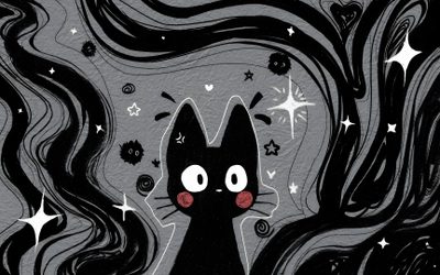 a black cat with stars and swirls on it's face looking up at the sky Cute Halloween Black Cat Spooky Laptop, Gothic Tablet, Jiji Desktop, Laptop Desktop Gif, dark slate gray