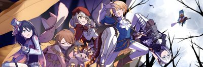 anime characters standing in front of a full moon with bats and trees behind them, all looking at the camera Pjsk Halloween Project Sekai Halloween Cards, Project Sekai Official Art, Project Sekai Halloween, gray