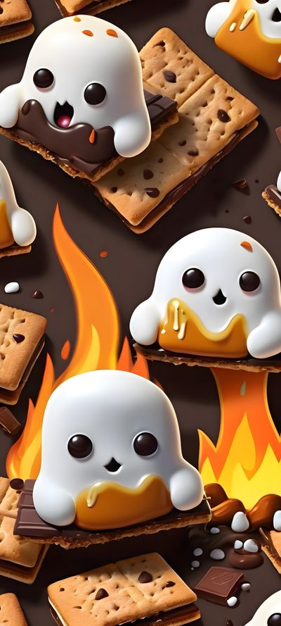 some cookies with marshmallows and ghost faces on them Halloween Food 3d Iphone Halloween, Marshmallow Iphone, Cute Smores, Cute Marshmallow, sienna