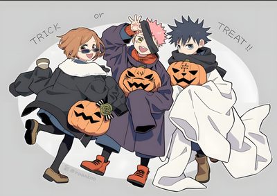 three people dressed up in costumes and holding jack - o'- lantern pumpkins Jujustu Kaisen Halloween 4k Megumi Halloween, Jujutsu Kaisen Halloween, Halloween Anime Pfp Jjk, light gray