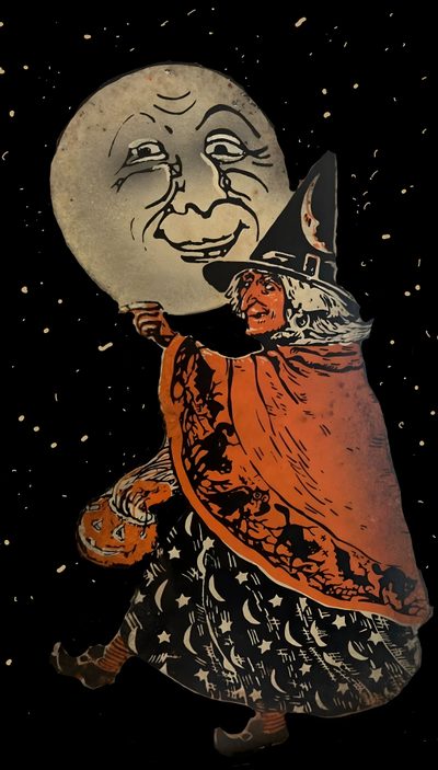 a drawing of a woman carrying a full moon on her back Beistle Halloween Witch, Halloween, Scary Movies, October 31st, Vintage Halloween Witch Cartoon, black