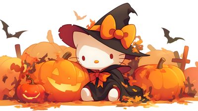 a hello kitty halloween scene with pumpkins and bats Hello Kitty 4k Halloween Hello Kitty Halloween Laptop, Tree Desktop, Hello Kitty Halloween, sandy brown