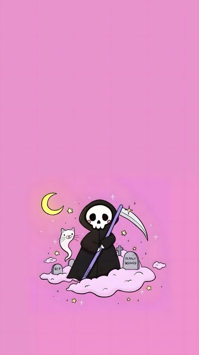 a cartoon character sitting on top of a cloud with a sculler in his hand Halloween Pastel Scary Halloween Phone Background, Cute Grim Reaper Illustration, Pastel Gothic Art, plum