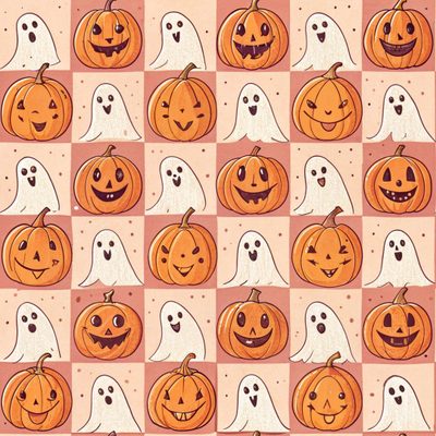 halloween pumpkins and ghost faces on pink squares with white ghosts in the background seamlessly Halloween Squares Custom Halloween Pattern Drawing, Cute Ghost And Pumpkin Pattern, Cute Halloween Pattern October, light salmon