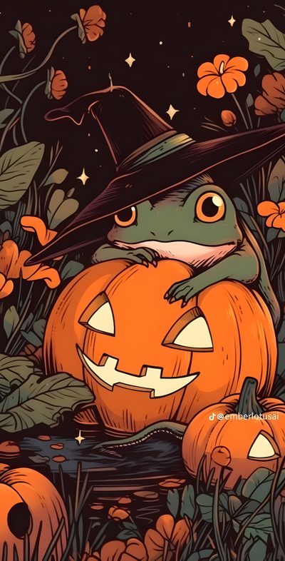 a frog wearing a witches hat sitting on top of a pumpkin in a field with flowers Cute Halloween Frog Frosch Illustration, Halloween Iphone Backgrounds, Halloween Backgrounds, dark olive green