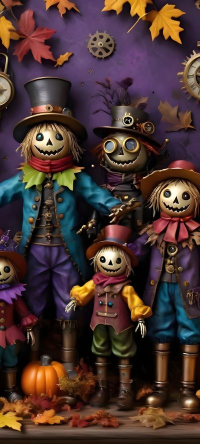 a group of three scarecrows standing next to each other in front of a purple wall Halloween Family Cameos Gothic Thanksgiving, Beautiful Halloween, Cute Scarecrow, dark slate gray
