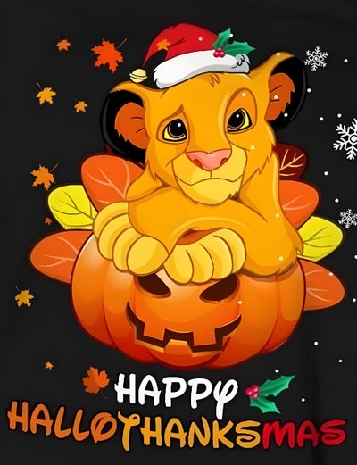 a lion wearing a santa hat sitting on top of a pumpkin with the words happy halloween Lion King Halloween Lion King Happy, Happy Thanksgiving Disney, Disney Stitch Happy Thanksgiving, black