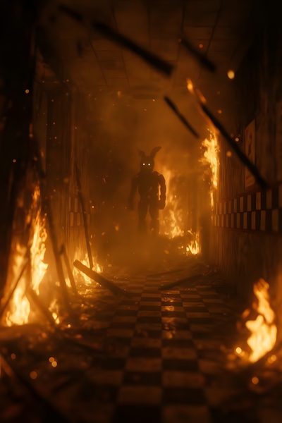 a man standing in the middle of a room on fire Fnaf Halloween Springtrap 4k, Fnaf Burning, Ffps Background, Fnaf Static, Orange Fnaf, black