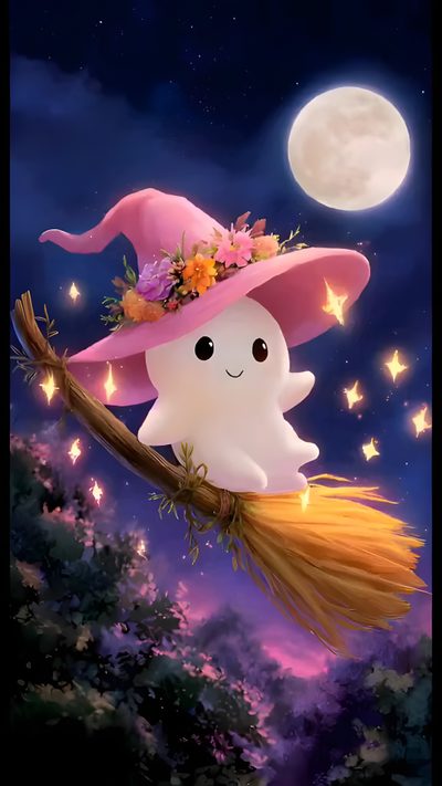 a cute little ghost with a pink hat and broom flying in the sky at night Kawaii Halloween Gif Cute Halloween Gif, Kawaii Halloween Gif, Animated Cute Happy Halloween, dark slate gray