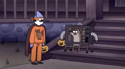 a cartoon character is standing in front of a television set with pumpkins on it Regular Show Halloween Mordecai And Rigby Halloween Costume, Adventure Time, Cartoon Network, dark slate gray