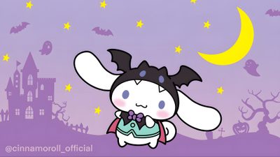a cute little bunny is standing in front of a castle with bats on it's roof Cinnamoroll Halloween Laptop Cinnamoroll Halloween Pfp, Cinnamoroll Batman, Cinnamoroll Halloween, silver