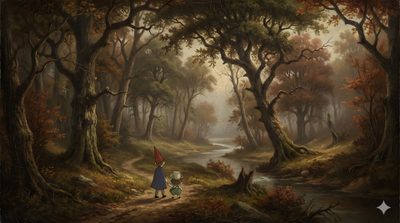 a painting of two children walking through a forest with a stream in the foreground Halloween Over The Garden Wall Over The Garden Wall Backgrounds, Over The Garden, Over The Garden Wall Background, dark slate gray