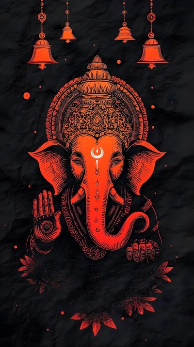 an elephant is shown with bells hanging from it's head and its trunk in the air Ganesh Halloween Ganesha Poster, Neon, Ganesha In Dark Background, Gods Timing, Lord Ganesha, black