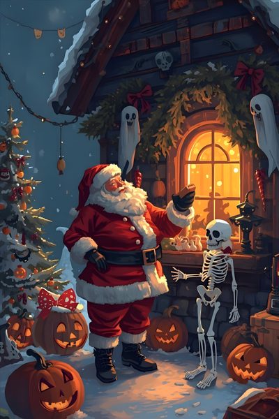 a santa clause standing in front of a house with skeletons and pumpkins on the ground Halloween Santa Claus Scary Christmas Iphone, Halloween Santa Claus, Halloween Santa, dark slate gray