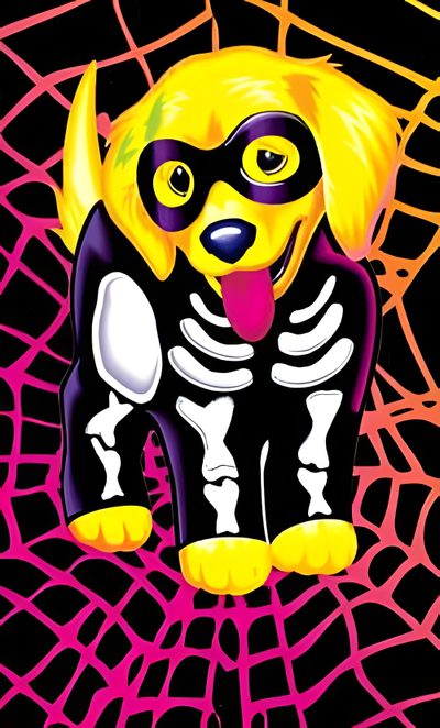a dog with a skeleton on it's face sitting in front of a web Lisa Frank Halloween Lisa Frank Halloween Stickers, Lisa Frank Purple Dog, Lisa Frank Halloween, maroon