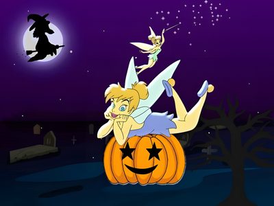a cartoon character sitting on top of a pumpkin Tinkerbell Halloween Tinkerbell Sleepy Hollow, Tinkerbell Characters Halloween, Tinkerbell Thanksgiving, midnight blue