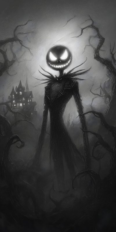 an image of a creepy man in front of a house with lights on his head Halloween Jack Jack Skellington Horror Art, Bling, Jack Skellington Scary, The Pumpkin King, dark slate gray