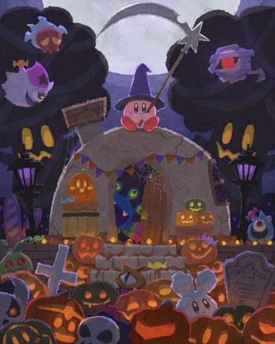 a painting of a halloween scene with pumpkins Kirby Halloween Iphone Kirby Halloween Pfp, Kirby Fall, Smash Bros Halloween, dark slate gray