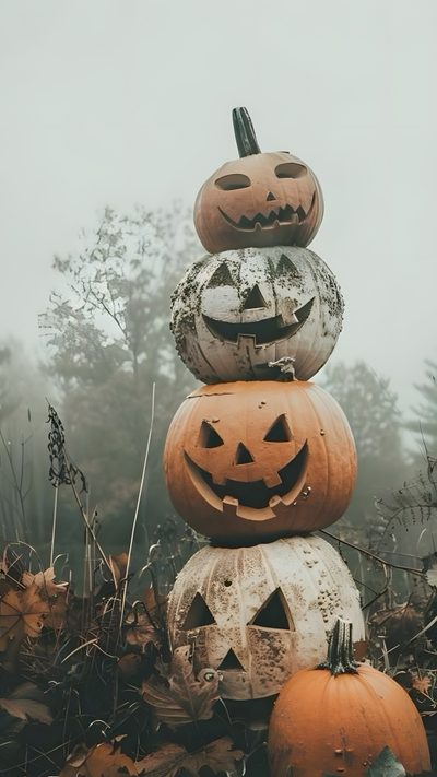 pumpkins stacked on top of each other with faces carved into them in the middle Rustic Halloween Spooky Pumpkin Display, Spooky Pumpkin Pictures, Spooky Fall Photos, rosy brown