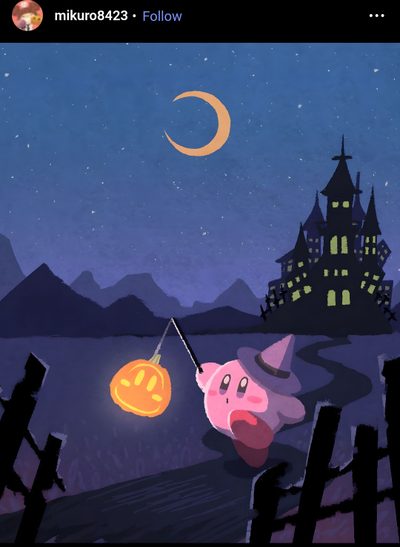 a cartoon pig with a trick in its mouth and a pumpkin hanging from it's string Kirby Halloween Iphone Halloween Mario, Kirby Fall, Fall Kirby, Kirby Halloween Pfp, dark slate gray