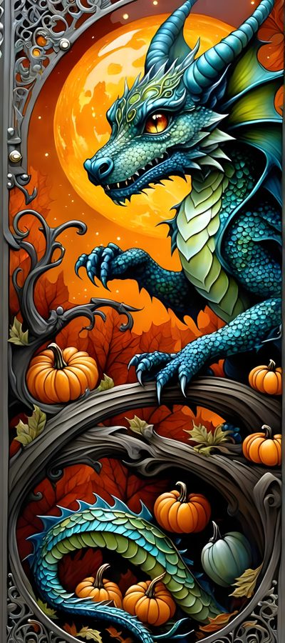 a dragon sitting on top of a tree in front of a moon and pumpkins Halloween Dragon Pumpkin, Dragon 2, Dragon Art, Diamond Painting, Fantasy Art, dark olive green