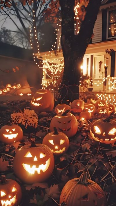 pumpkins lit up on the ground in front of a house Happy Halloween Aesthetic Halloween Backgrounds, Halloween Cute, Halloween Photos, saddle brown