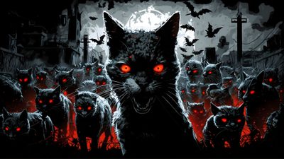 a black cat with red eyes surrounded by zombies Halloween Fiery Felines-black Custom Vampire Cat, Halloween Cat For Walls, Vampire Cat Meme,