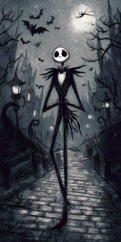 a black and white drawing of a skeleton walking down a street with bats flying overhead Halloween Characters Jack Y Zero, Nightmare Before Christmas Purple Background, Tim Burton Inspiration, dark slate gray