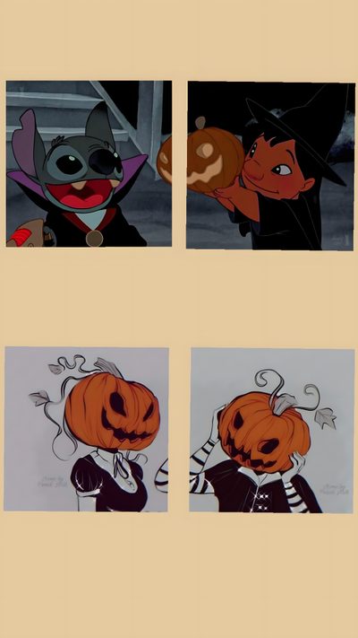 four different pictures of cartoon characters with pumpkins Matching Halloween For Best Friends Matching Halloween Pfps For Friends, Halloween Pfp Couple, Matching Friend, burlywood