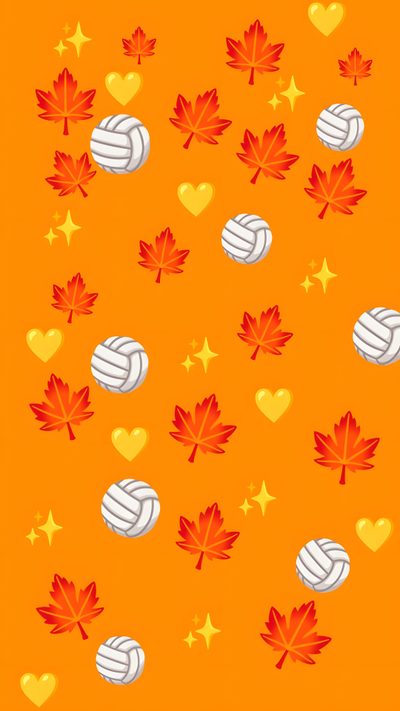 an orange background with hearts, stars and volleyball balls in the shape of maple leaves Volleyball Halloween Fall Volleyball, Volleyball, Iphone, Cricut, dark orange