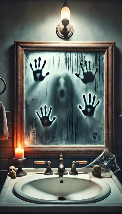 a bathroom sink sitting under a mirror covered in fake hands Halloween Bathroom Spooky Bathroom Decorating Ideas, Spooky Bathroom Ideas, Creepy Halloween Bathroom Decor, dark slate gray