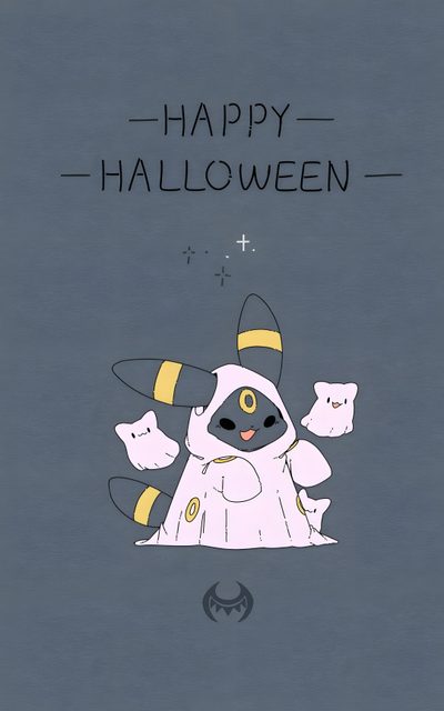 a halloween card with an image of a cat dressed as a ghost and the words happy halloween on it Halloween Umbreon Umbreon And Espeon, Shiny Umbreon, Umbreon Aesthetic, Espeon And Umbreon, dim gray