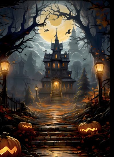 a creepy house in the woods with pumpkins on the ground and lanterns lit up at night Halloween House Ideas Halloween Creepy Place, Halloween Background Dark Castle, Creepy Halloween, dark slate gray