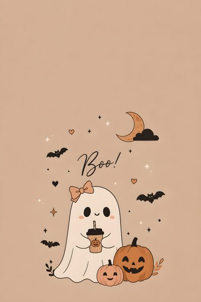 a ghost and two pumpkins with boo written on the side, in front of a brown background Cute Halloween Spooky Fall Aesthetic, Fall Themed Backgrounds, Halloween Backgrounds Aesthetic, tan