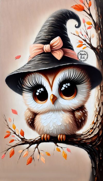 an owl wearing a witch's hat sitting on a tree branch with autumn leaves Halloween Owl Cute Owl Clipart, Owl Clipart, Fall Owl, Halloween Owl, Fall Owl Images, rosy brown