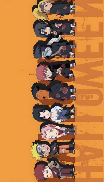 an anime poster with many different people standing in front of each other on orange background Halloween Naruto Naruto Halloween, Naruto Frame, Akatsuki Halloween, Akatsuki, Naruto Collage Drawing, peru