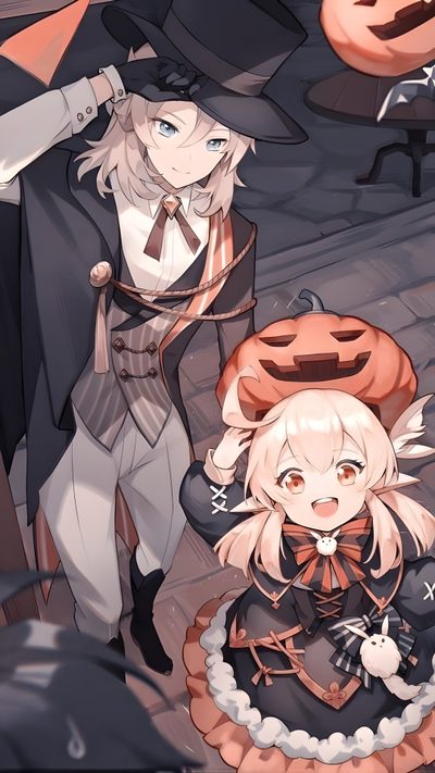 two anime characters standing next to each other with pumpkins on the ground behind them Genshin Impact Halloween Genshin Impact Cute Fanart, Genshin Impact Halloween, Cute Genshin Impact Fanart, dim gray