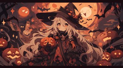 a girl dressed as a witch with pumpkins in front of her and full moon behind her Anime Halloween Pc Halloween, Halloween Pc Background, Halloween Desktop Aesthetic, dark slate gray