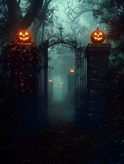 two jack o lantern pumpkins on top of an iron gate in the middle of a forest Halloween Town Gate Halloween Garage, Scene Setters, Halloween Photo Booth, Halloween Party Backdrop, black