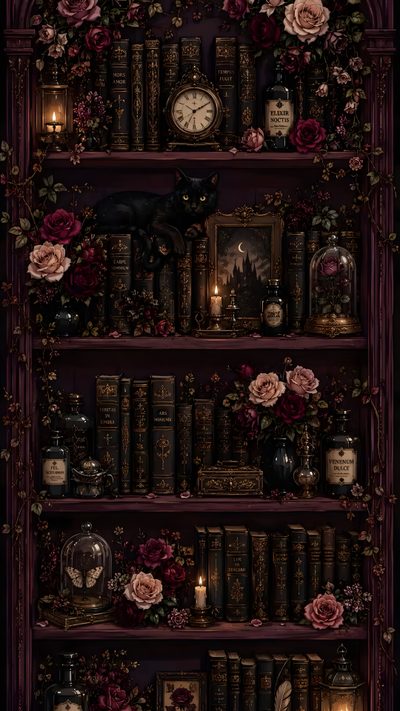 a book shelf filled with lots of books next to candles and flowers on top of it Halloween Bookshelf Iphone Gothic Style Phone, Gothic Wall Paper, Phone, Bookish Iphone Aesthetic, black