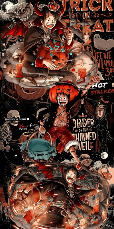 the poster for trick or treat is shown in red and black, with an image of a One Piece Halloween 4k One Piece Android Devil Fruit, One Piece Fall, One Piece 1080x1920, saddle brown