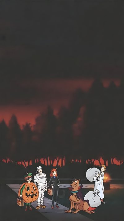 an animated scene with people dressed up as ghost and other characters on the sidewalk at night 90s Halloween Phone Cartoon Halloween Background Aesthetic, Old School Halloween Background, Retro Halloween Aesthetic, dark slate gray