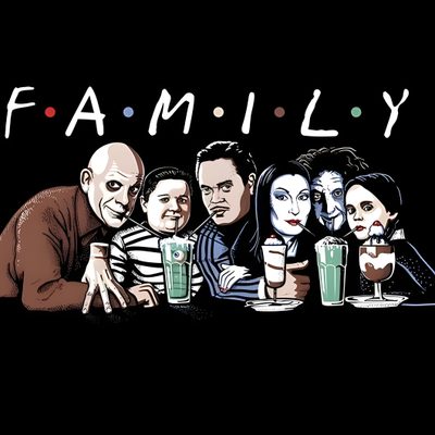 the cast of family sitting at a table with drinks in front of them, and the words family written on it Halloween Addams Family Addams Family Cartoon, The Adams Family Cartoon, Adams Family Cartoon Characters, black
