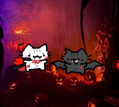 two cats with bats on their backs in front of halloween pumpkins and trees at night Halloween Duo Cat Couple Pfp, Halloween Profile Pics, Cat Couple, Goofy Drawing, Hunter Anime, maroon