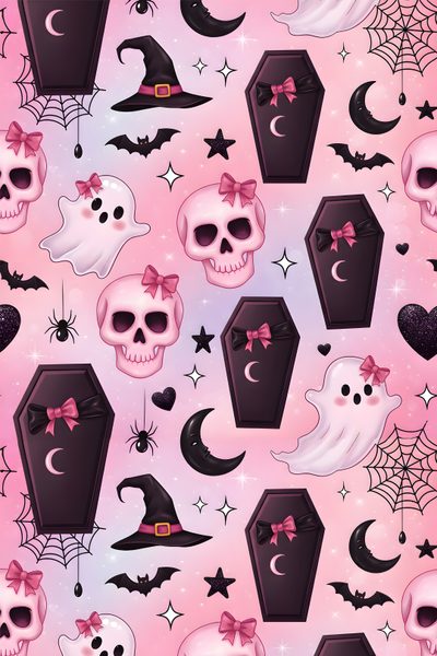 halloween themed wallpaper with skulls and bats Pastel Goth Halloween Halloween Scrapbook, Pink And Black Halloween Background, Pink Halloween, Sassy,
