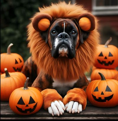 a dog dressed up as a lion with pumpkins around it's face and paws Halloween Boxer Dog Halloween Boxer Dog Skeleton, Boxer Dog Halloween Illustration, Funny Boxer Dog Costumes, saddle brown