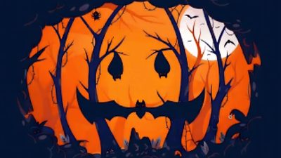 a pumpkin with two faces in the middle of it and bats flying around behind it Halloween Laptop Gif Halloween Celebration Gif, Halloween Good Luck Gif, Halloween Trick Or Treat Gif, dark slate gray