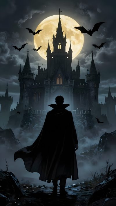 a man standing in front of a castle at night with bats flying over it and the moon behind him Dracula Halloween Vampires, Dracula Iphone, Vampire Hd, Vampire, Vampire Castle, dark slate gray