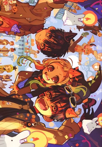 an image of some people and animals in the sky Hanako Halloween October Anime, Hanako Kun Poster, Toilet Bound Hanako Kun Official Art, sienna